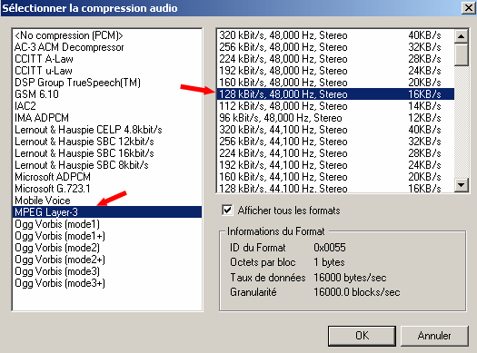 Sélection du codec audio VDM